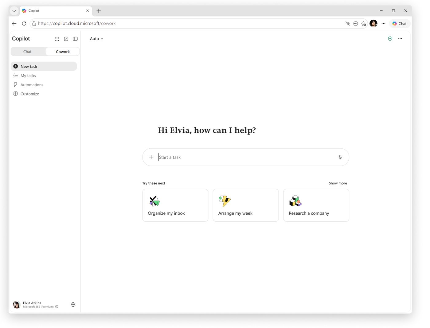 Copilot Cowork start screen with a box to describe a task and suggestions such as organising the inbox