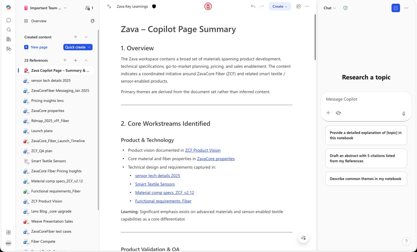 Copilot Notebook with the list of references on the left and a generated summary page in the centre
